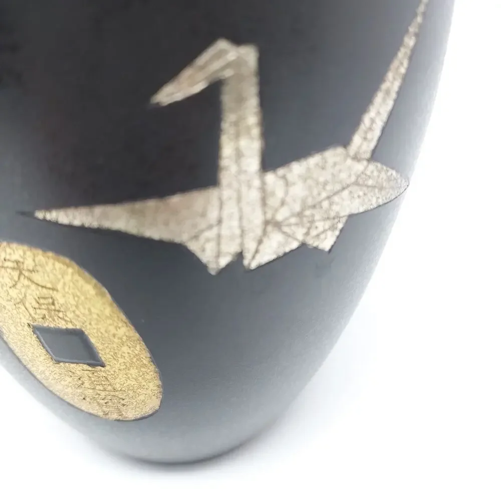 Brass Enamel Vase Origami Crane Mon Tempo Motif Black Gold 6.5